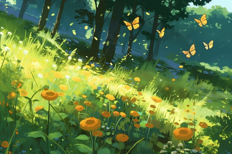 山野森林里的草丛花朵蝴蝶自然清新插画背景,插画/手绘图,插画/手绘图库,插画/手绘图下载,插画/手绘